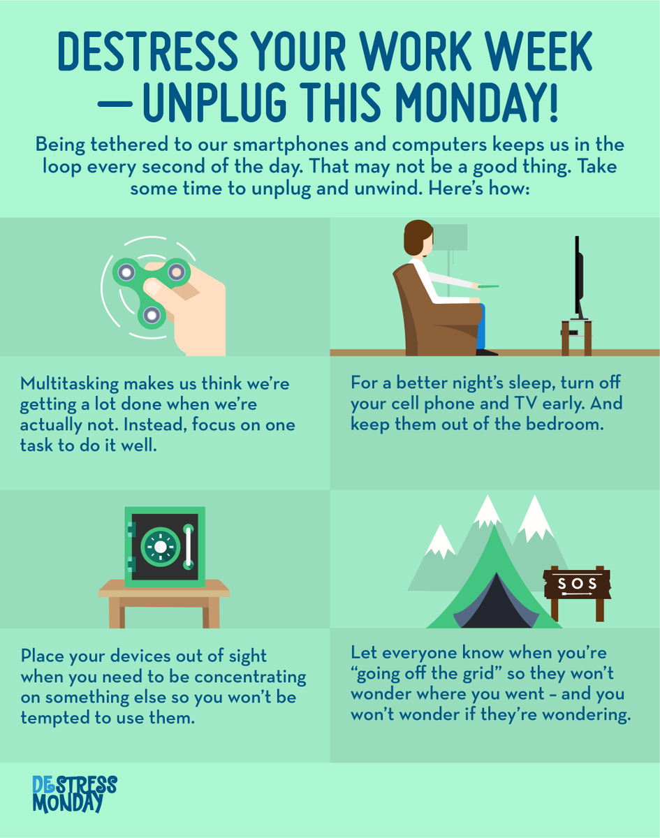 DeStressMonday's tweet photo. It’s a source of pride to be “plugged in” to daily life. But is that a good thing? Taking a technology break - even a short one - can be very beneficial for your state of mind. 

Here are a few tips for unplugging this #DeStressMonday: https://t.co/OJiGjRcOMR https://t.co/BdPzDI7mdK