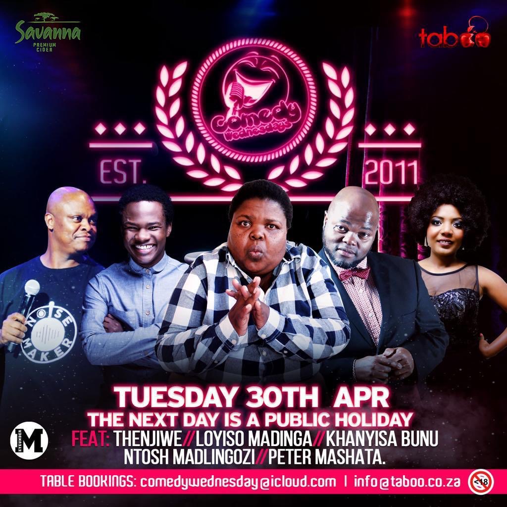 LivSandton's tweet photo. 🍒🏆 On Tuesday we firstly going to tickle your funny bone then turn around and murder your emotions all together @Taboo_jhb. 

#ComedyWednesdays
#PardonMyFrench https://t.co/H1WDz9KtaY