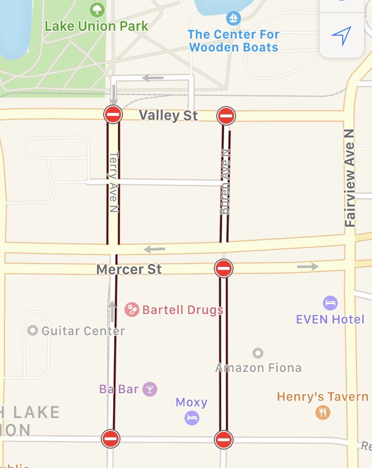AdventureCkr's tweet image. A look at streets still closed from #CraneCollapse Saturday - Mercer St now open but SB exit from I-5 to Mercer still closed #livedesk #komonews