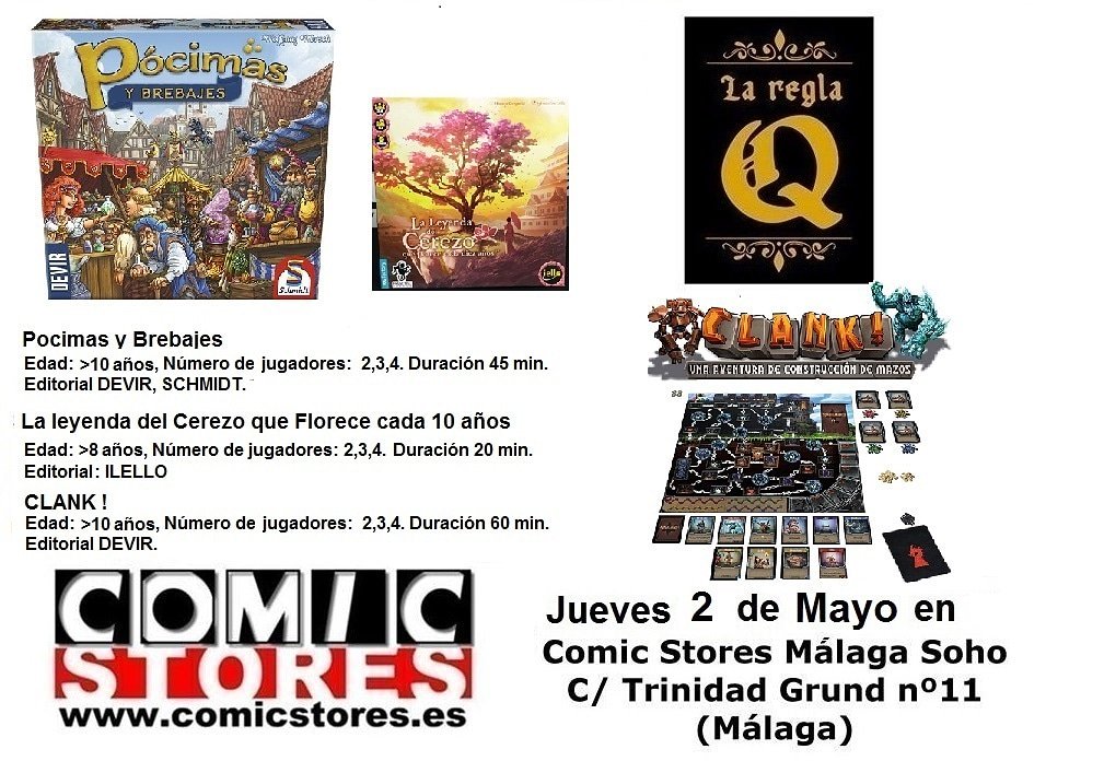 lareglaq's tweet photo. Empezamos mayo con 3 juegazos:
*Pócimas y brebajes.
*La leyenda del cerezo que florecía cada 10 años.
*Clank.

Os esperamos este jueves, 2 de mayo, a partir de las 18:00h en ComicStore. https://t.co/vJWYpK9gns