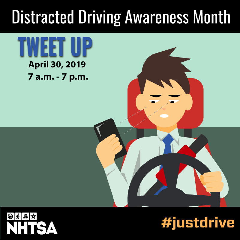 NHTSAgov's tweet photo. One conversation, one share, or one retweet could save a life. Join us tomorrow as we tweet every 30 minutes about the dangers of distracted driving. #JustDrive https://t.co/uekmUa771Q
