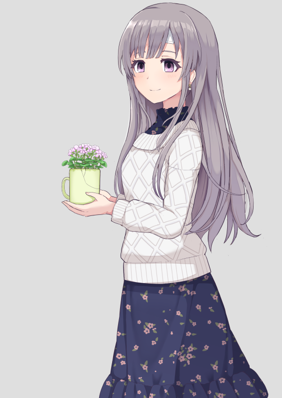 yukoku kiriko 1girl solo grey hair long hair purple eyes sweater simple background  illustration images