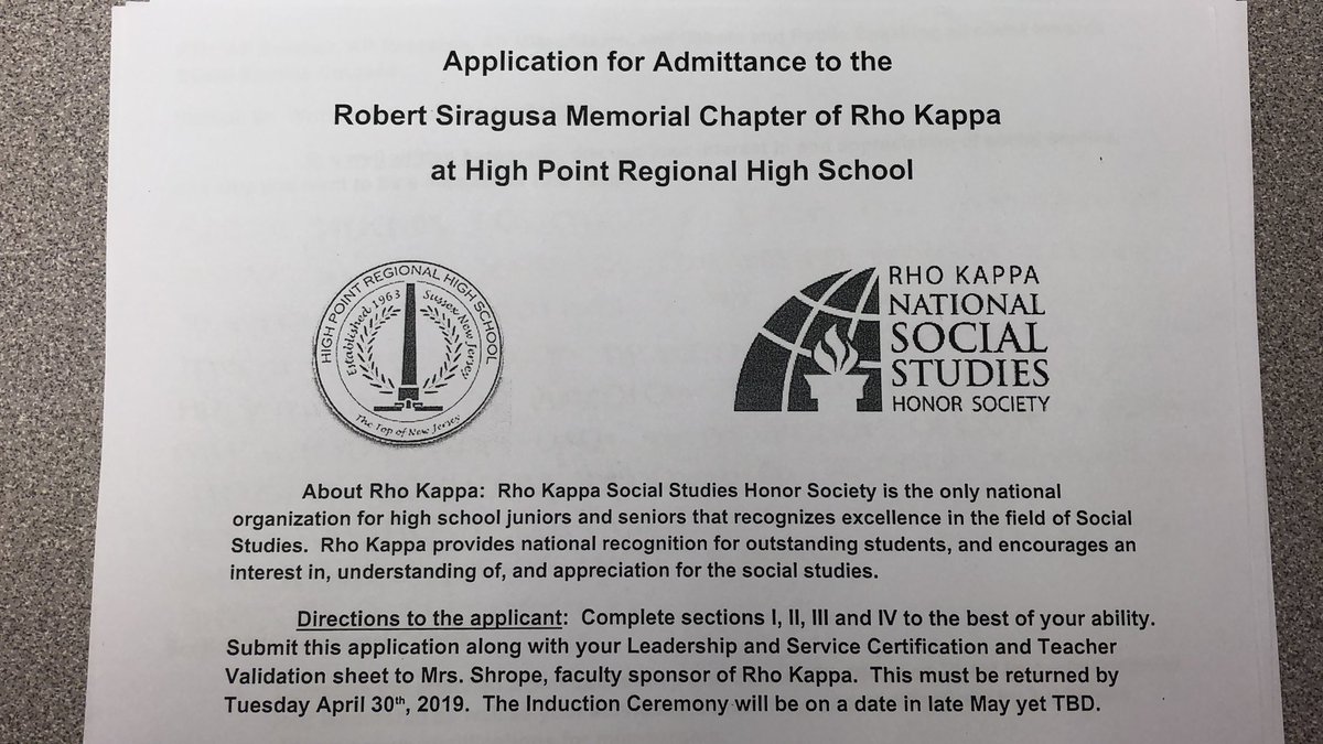ATTN @HPRwildcats , applications for Rho Kappa (Social Studies National Honors Society) are due TOMORROW , be sure to hand them in to Mrs. Shrope in room 212 or 225 #NHS #RhoKappa #TopOfNJ @JonTallamy @DeodinoWildcats