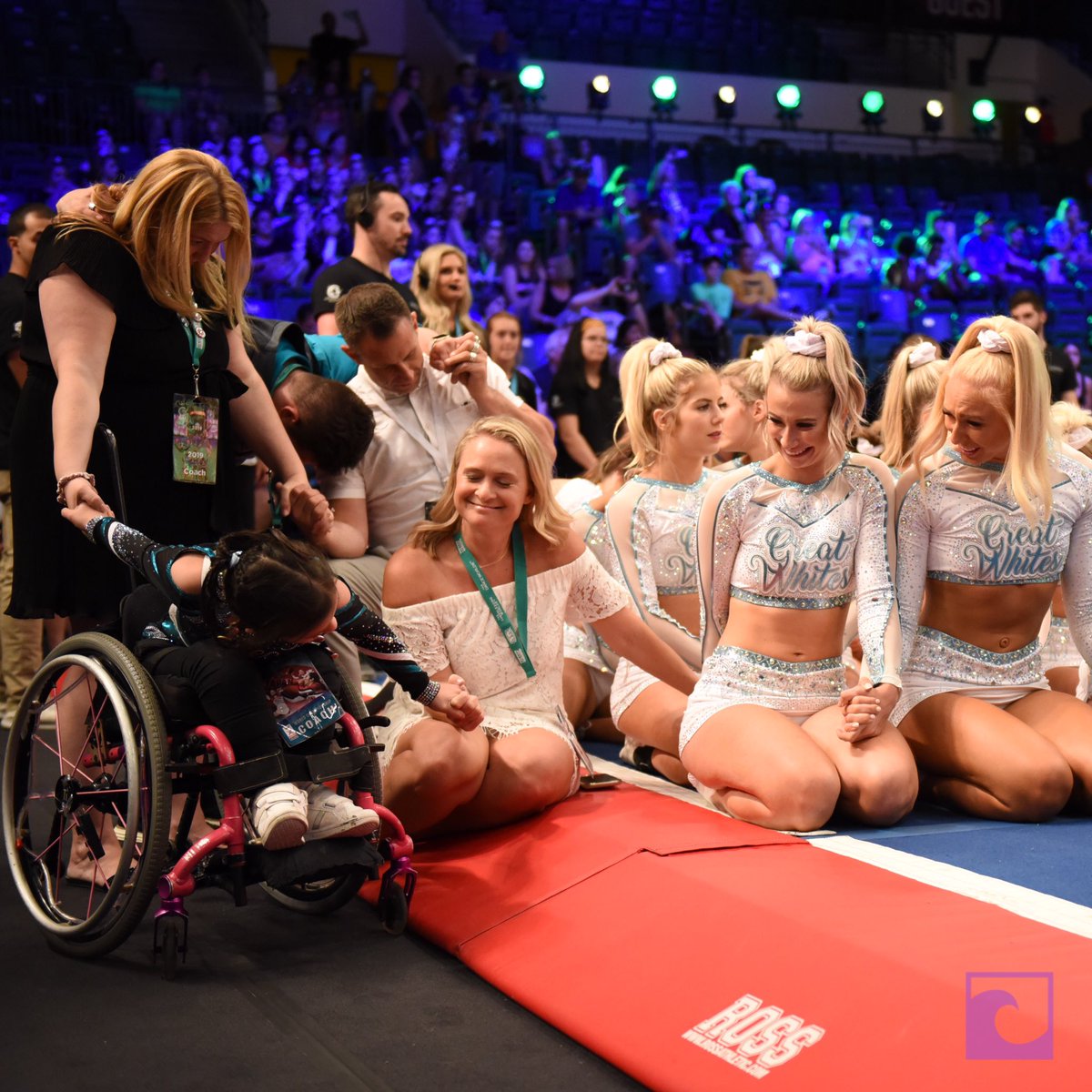 FloCheer's tweet photo. SURPRISE‼️The ladies from Great White Sharks got to share their back-to-back title with Jenna when she surprised them by coming to Worlds! 🤗🥰 https://t.co/unRyQbK1yU