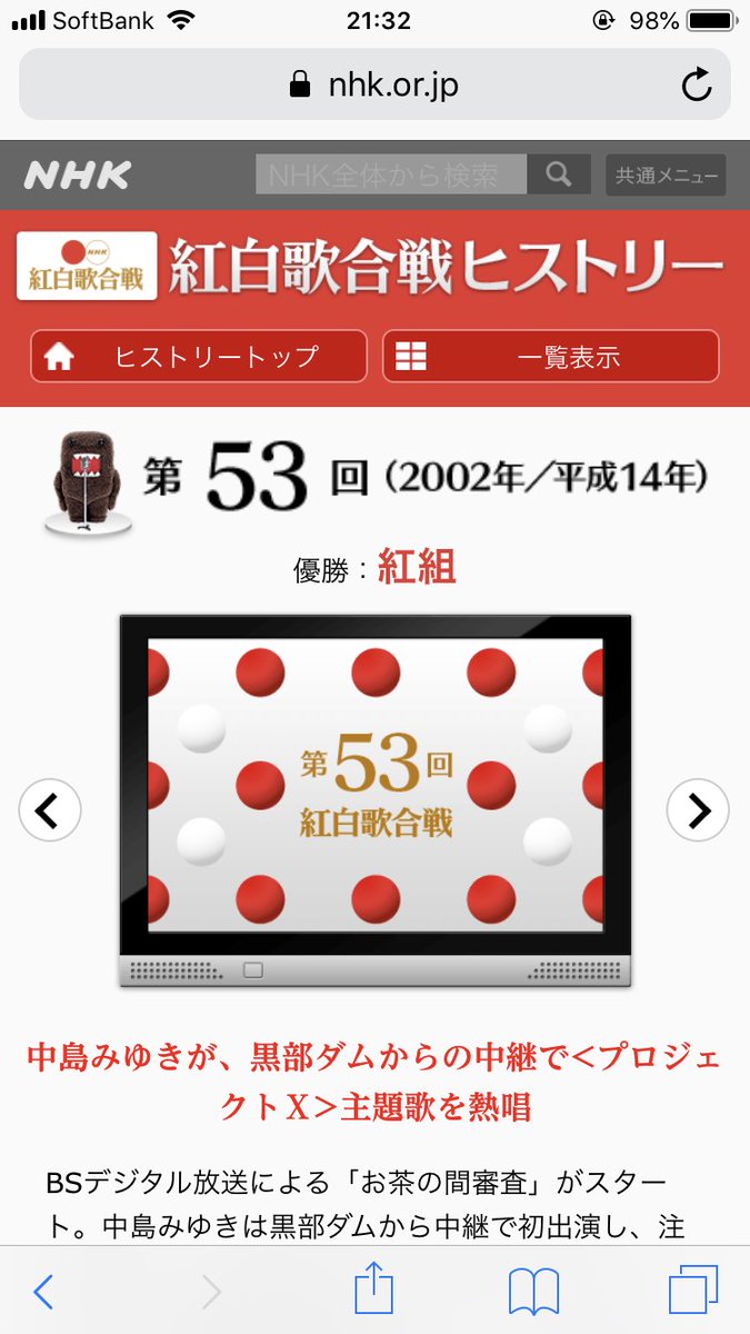 めぐりん V Tvittere 中島美嘉はnhkの紅白ヒストリーと表記が違った気がする 今日の放送では初出場が03年になっていなかった 紅白ヒストリーの表記では02年が初出場 平成紅白歌合戦