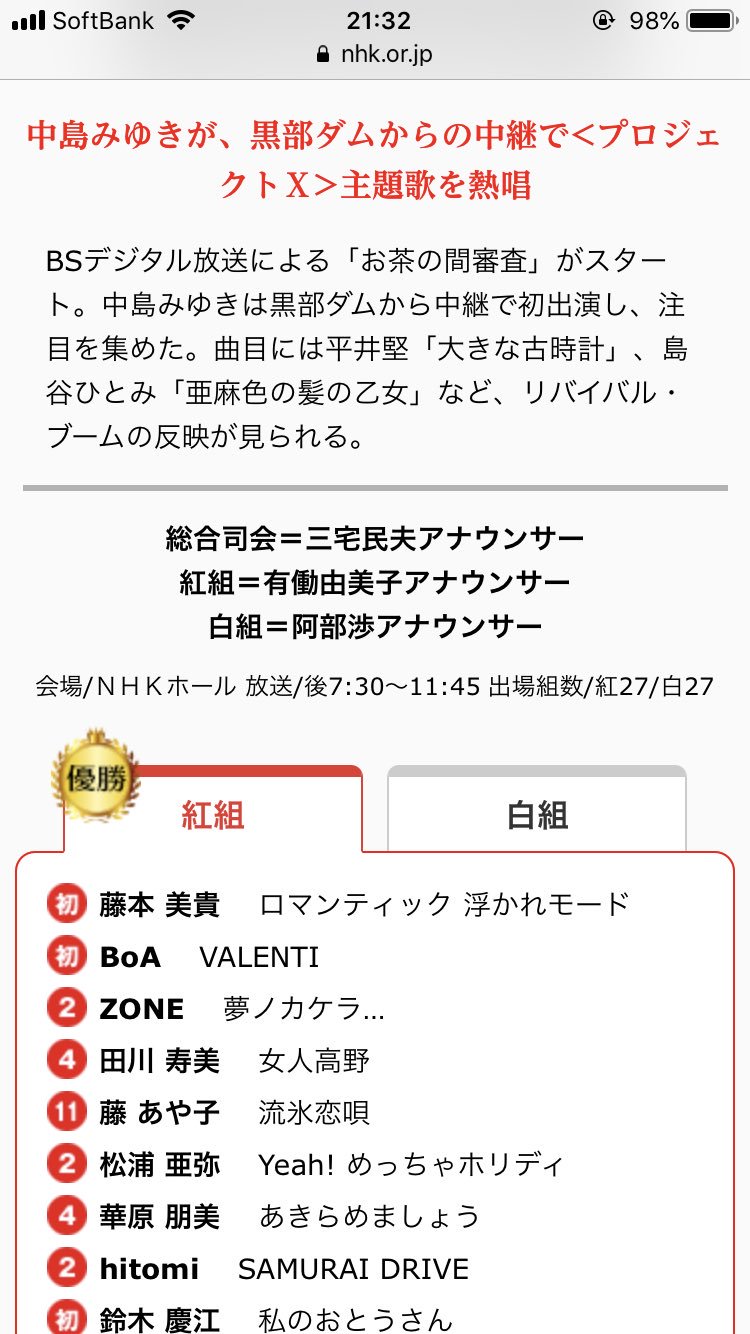 めぐりん V Tvittere 中島美嘉はnhkの紅白ヒストリーと表記が違った気がする 今日の放送では初出場が03年になっていなかった 紅白ヒストリーの表記では02年が初出場 平成紅白歌合戦