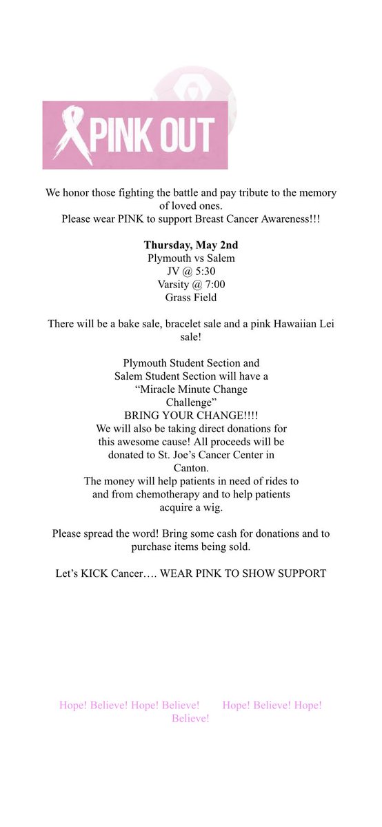 Pink Out Game this Thursday vs SALEM!!!!! JV at 5:30 and Varsity at 7pm @ Varisty Grass Field. Please come on out and support a great cause. 💗💗💗 WEAR PINK!!! #gocats #pvs #parkchamps