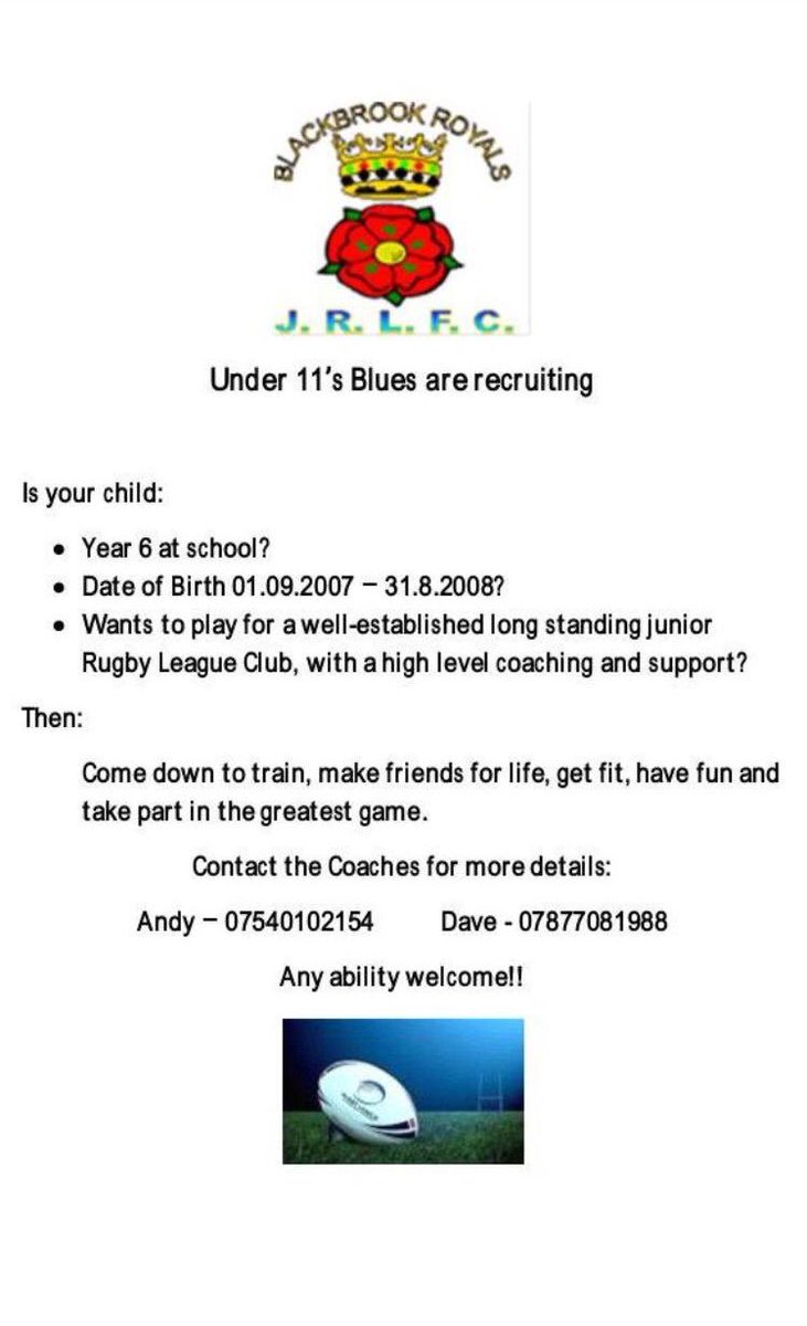 RoyalsU13s's tweet photo. Our @BlackbrookJRLFC U11s are looking for some new faces. Come and be part of something special. #UpTheBrook💙 https://t.co/1OirqTQG2v