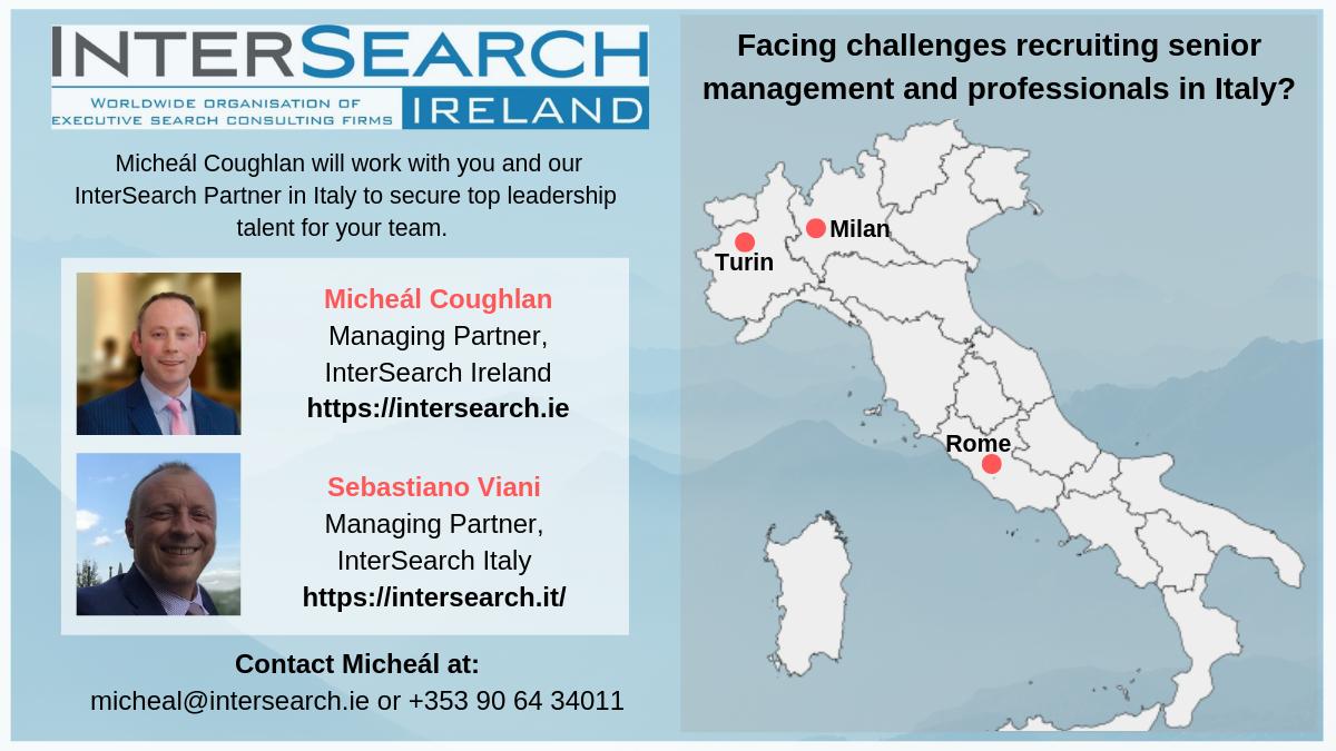 InterSearchIE's tweet photo. Our InterSearch Partner in Italy operates across 3 offices in Milan, Turin and Rome. Micheál Coughlan would be delighted to introduce you to Sebastiano Viani, Managing Partner at @EI_headhunter . Together, we will work with you to meet your #recruitment needs across #Italy . https://t.co/bOWzMy6H8Z
