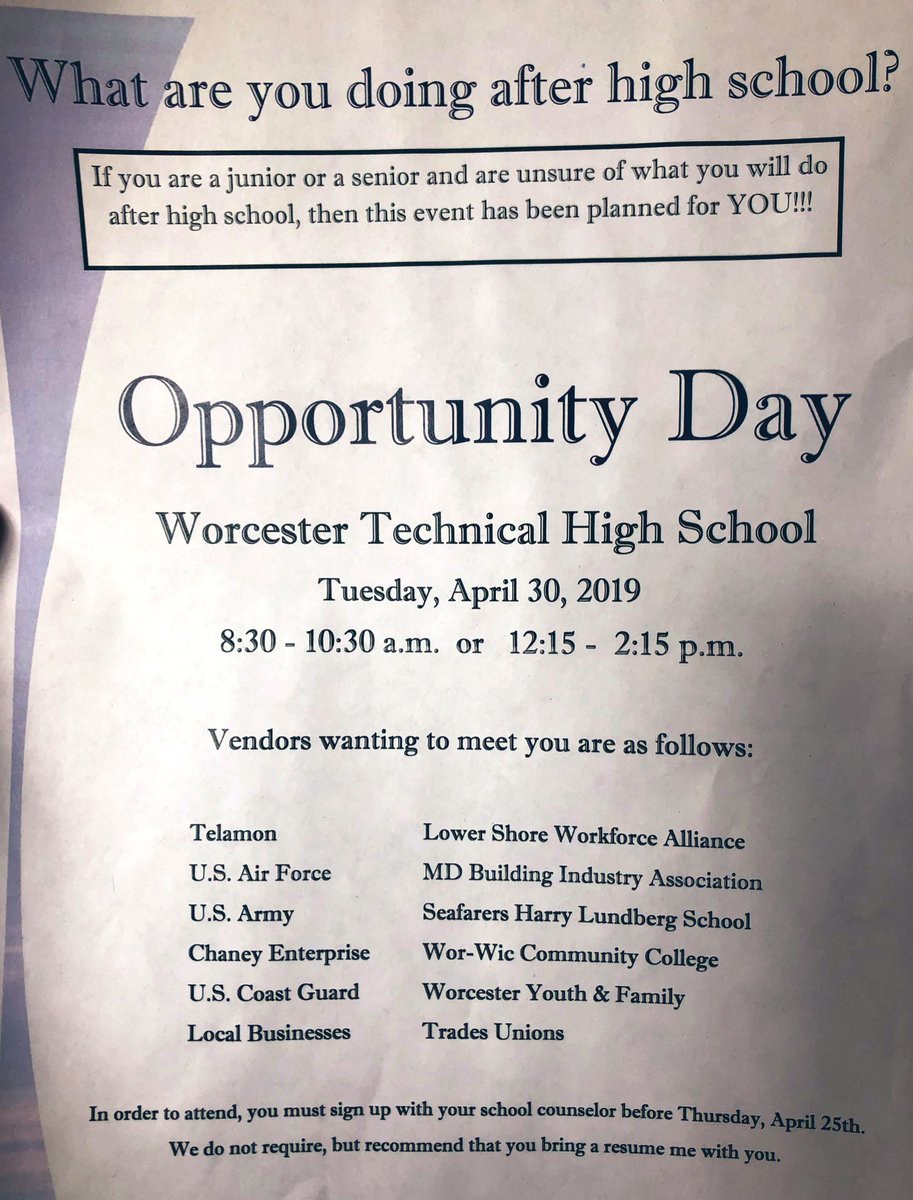 JSHoward88's tweet photo. 🚨#WCPS Juniors & Seniors 🚨 Don’t forget to sign up today for #WorTech’s #OpportunityDay if you’re unsure of your #postsecondary plans! 👩🎓👨🎓 Can’t wait to see our @PocoCounselors, #SHHSCounselors & students who have already RVSP’d😁@WorcesterTHS @WorcesterSystem https://t.co/MybBgE4pdC