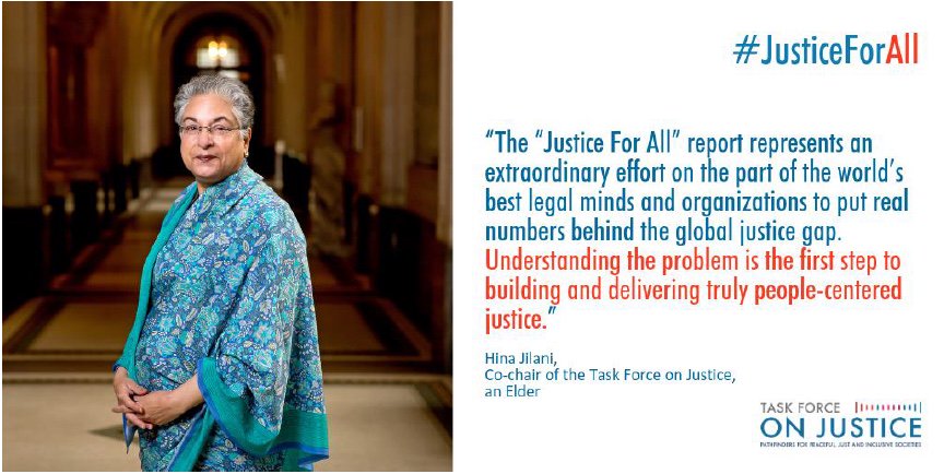 TheElders's tweet photo. 5 billion people have unmet justice needs globally – new estimate from @TheWJP #JusticeForAll report, with expert input from Hina Jilani and the #TaskForceonJustice: https://t.co/VaeyKdgEar #JusticeGap #WJForum https://t.co/80txPjbuEL