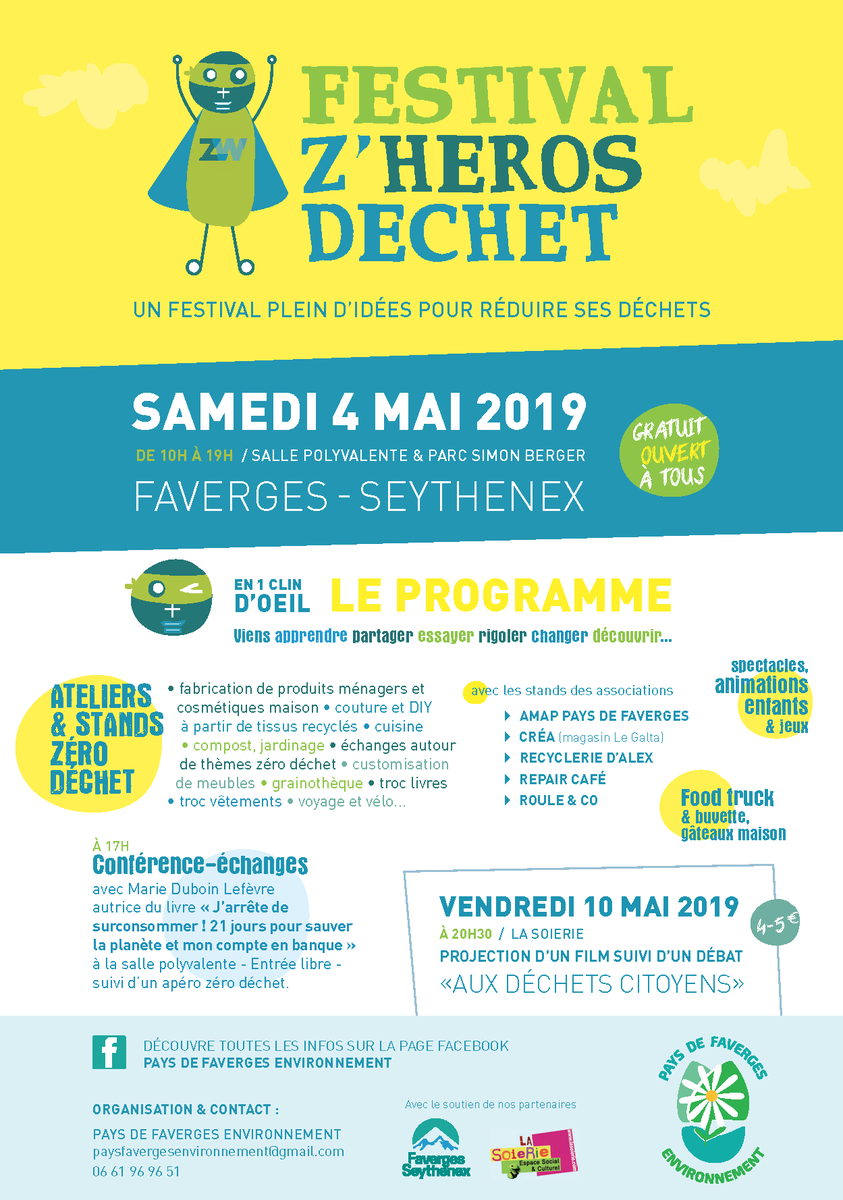 Le festival Z’Héros déchet a lieu samedi 4 mai de 10h à 19h dans le parc Berger et à la salle polyvalente à Faverges-Seythenex.
Un festival unique pour découvrir plein d’idées pour réduire ses déchets et participer à plein d'ateliers ! Plus d'infos ici : faverges-seythenex.fr/festival-zhero…