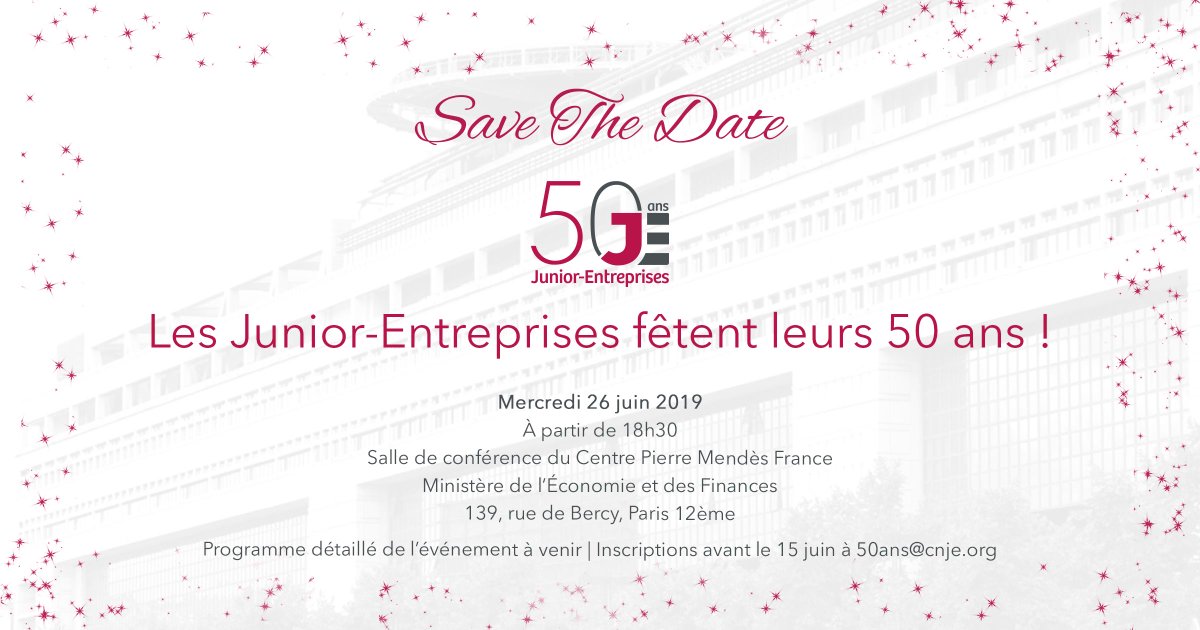 Les Junior-Entreprises fêteront leurs 50 ans le mercredi 26 juin prochain au Ministère de l'Economie et des Finances !

Inscriptions : 50ans@cnje.org 

Plus d'informations sur cette soirée exceptionnelle à venir.

#50ansJE #WeAreJE #SaveTheDate