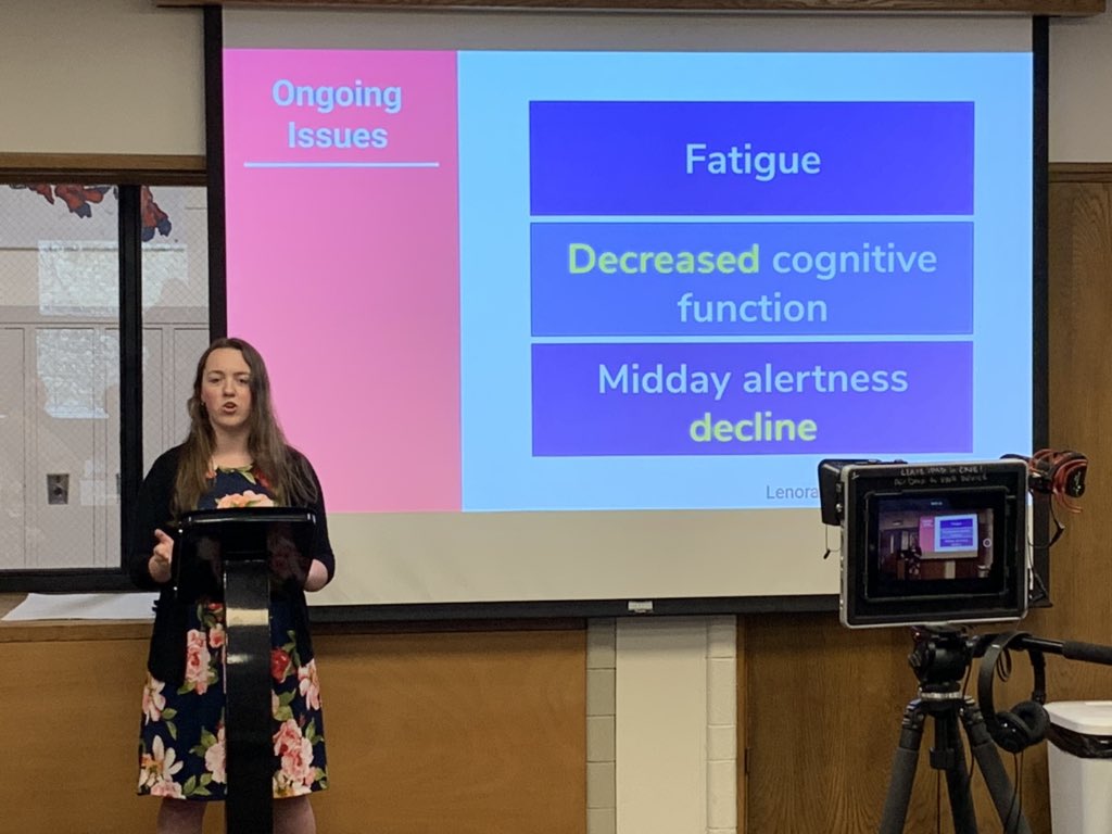 SuptLarson's tweet photo. Alexandra Schweikle, of East, doing an amazing job during her AP Research Project Report!  “How does morning aerobic exercise affect the alertness of high school throughout the day”. https://t.co/ZIeOy1uyij