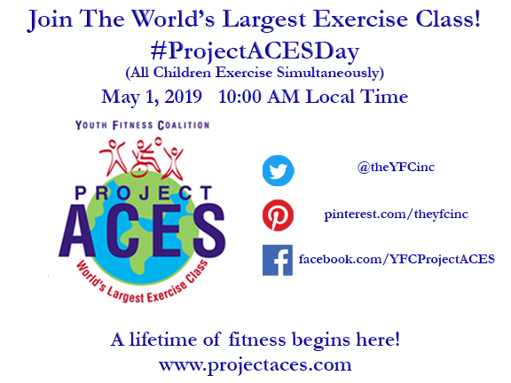 theYFCinc's tweet image. This Wednesday May 1 is the 31st annual #ProjectACESDay  
a global celebration of fitness &amp;amp; unity.  
Will you be part of the #WorldsLargestExerciseClass? 
A lifetime of fitness begins here. #ALLChildrenExerciseSimultaneously 
We're all in this together! #ProjectACES #YouthFitness