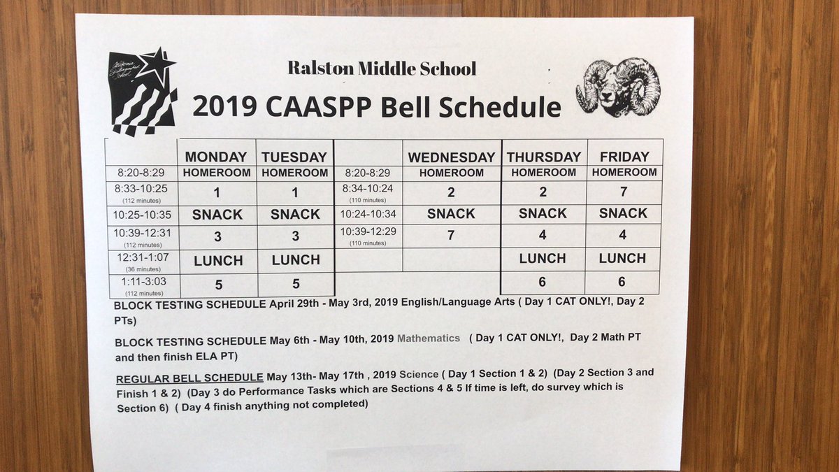 MDoughertyMMS's tweet photo. Caaspp bell schedule. Be sure your students get a good dinner and plenty of sleep during this time. https://t.co/Ux2bJciznS