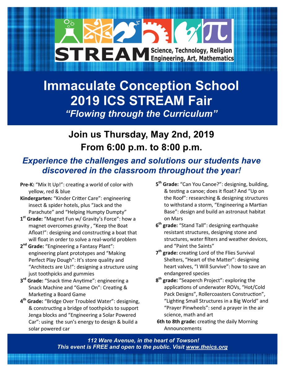 ArchbaltSchools's tweet photo. SAVE THE DATE: Thursday, May 2nd. Stop by Immaculate Conception School in Towson for the Spring Open House and STREAM Fair. Enjoy STREAM activities for all grade levels! For more information visit, https://t.co/o1Iv6GJxKc. @ICS125 @archbalt #AOBCatholicSchools #RiseAbove https://t.co/Pvw48950qA