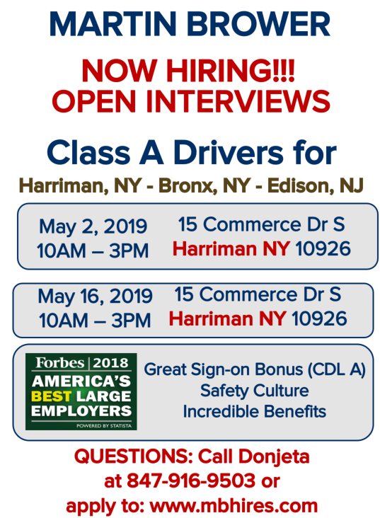 Come join <a href="/MBHires/">Martin Brower</a> at our upcoming #OpenInterviews session on May 2 &amp; May 16! We'd be pleased to meet you! #MBHires #careerfair #HiringNow #NowHiring #Classadrivers #openinterviews #Drivers #driverjobs #newyorkjobs #newjerseyjobs