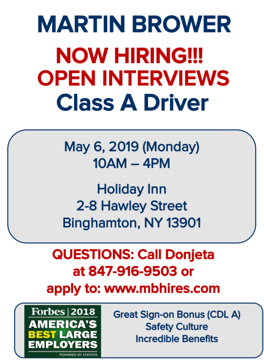 Come join <a href="/MBHires/">Martin Brower</a> at our upcoming #OpenInterviews session on May 6! We'd be pleased to meet you! #MBHires #careerfair #HiringNow #NowHiring #Classadrivers #openinterviews #Drivers #driverjobs #newyorkjobs #newjerseyjobs