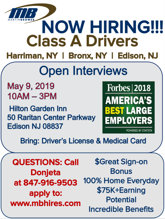 Come join <a href="/MBHires/">Martin Brower</a> at our upcoming #OpenInterviews session on May 9! We'd be pleased to meet you! #MBHires #careerfair #HiringNow #NowHiring #Classadrivers #openinterviews #Drivers #driverjobs #newyorkjobs #newjerseyjobs