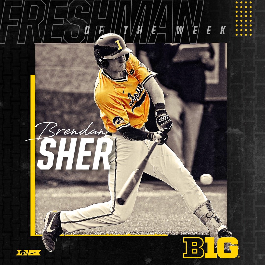 UIBaseball's tweet photo. Congrats to @bsher21_ for being named Big Ten Freshman of the Week! 

⚾️  First career home run
⚾️  First career three-hit game
⚾️  .400 batting average

🔗  https://t.co/98ci8bsqqr | #Hawkeyes https://t.co/uqAPnh5rpL