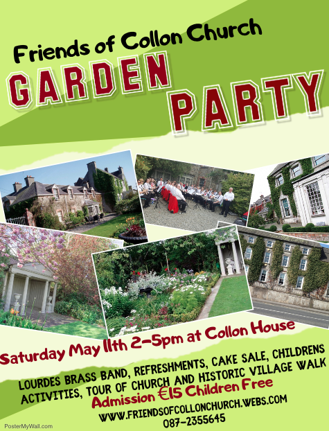 CollonChurch's tweet photo. A Garden Party will take place at #CollonHouse on Saturday 11th May, 2pm- 5pm. Guests will be able to relax and enjoy tea with a stroll through the splendid garden. There will be stalls and a cake sale, children's activities... #meathbizhour #Louthchat #BoynValley https://t.co/oIKl8V8tur