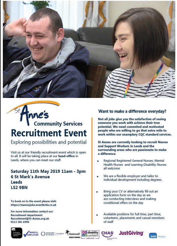 #Recruitment Event -11.05.19 @StAnnesCom Head Office #Leeds visit us at our friendly recruitment event which is open to all. Bring your CV!!!!!!
#jobs #SocialCare #meetourstaff #makingadifference @JCPinWestYorks @indeed #MondayMotivation