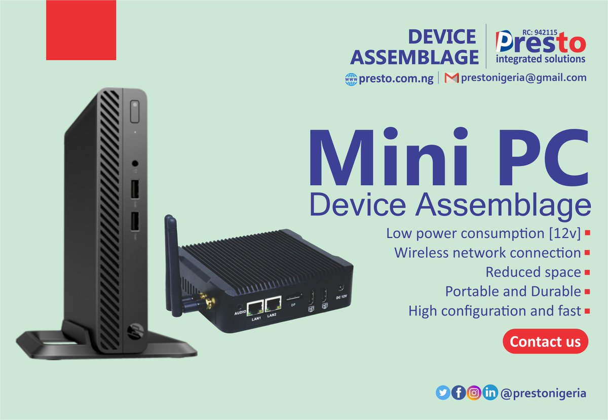 prestonigeria's tweet photo. Presto Mini PC Assemblage.
>Low power consumption [12v]
>Wireless network connection
>Reduced space
>Portable and Durable
>High configuration and fast
contact us: https://t.co/1zUctEMbYm

#minipc #ComputersElectronics #computing #computer https://t.co/WD4ogDgZ6Q