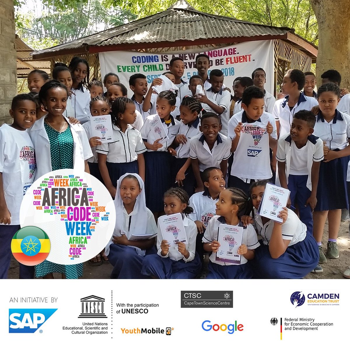 AfricaCodeWeek's tweet photo. 🔥#THANKYOUAFRICA 🔥
Our #MondayMotivation is this beautiful #Team #ETHIOPIA 🇪🇹 who did AMAZING in #AfricaCodeWeek  2018! Looking forward to seeing your achievements this year!

#ACW2018 #ACW2019 #Coding #Tech #Africa #Youth #Kids #GirlsInICT https://t.co/wUGFWo4LxA