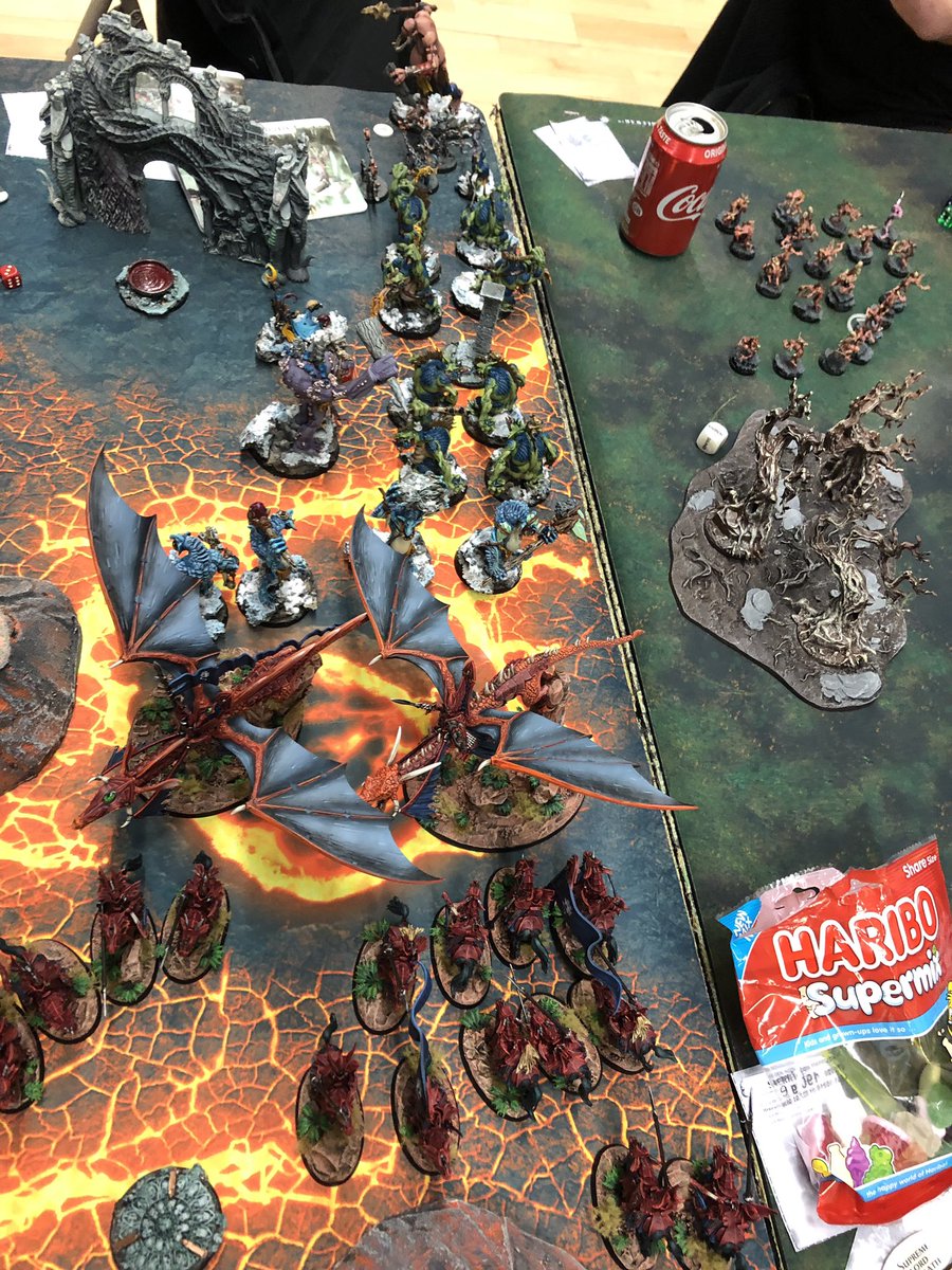 the_black_sun's tweet photo. Didn’t shout out my #SCGT2019 game 4 & 5 yesterday. Game 4 was vs @rossymagic in the most ridiculously brutal fun game ever. Photo below is T2 dead pile. By end of T3 I’d been tabled and he had 3 models left. I’d gotten up on the objective though so held out for a while. Amazing! https://t.co/zvgEXHyk6x