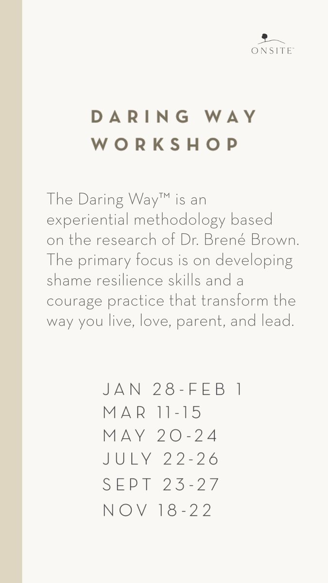 OnsiteWorkshops's tweet photo. https://t.co/k4aqgvnZY6
Show Up. Be Seen. Live Brave.™ Attend the Daring Way Workshop at Onsite!
May 20-24 is our next program date.
#thedaringway #daringway #daringwayworkshop #onsiteworkshops #brenebrown #shameresilience #shame #resilient https://t.co/PYVU128E5G