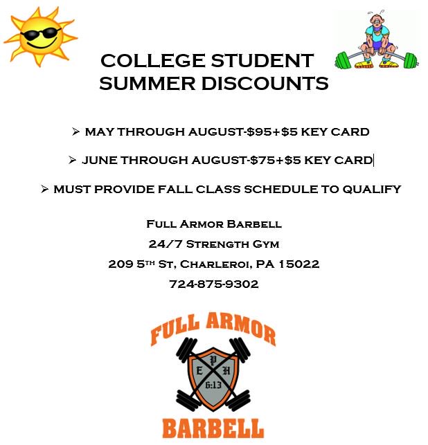 fullarmorbarbel's tweet photo. Attention College Students
Come by and get your summer membership at the best 24/7 strength gym in the Mon Valley! Call or text 724-875-9302 to schedule an appointment! 

#fullarmorbarbell #powerlifting #squat #benchpress #deadlift #strong #collegestudent #athlete https://t.co/9ftFh5cA0j