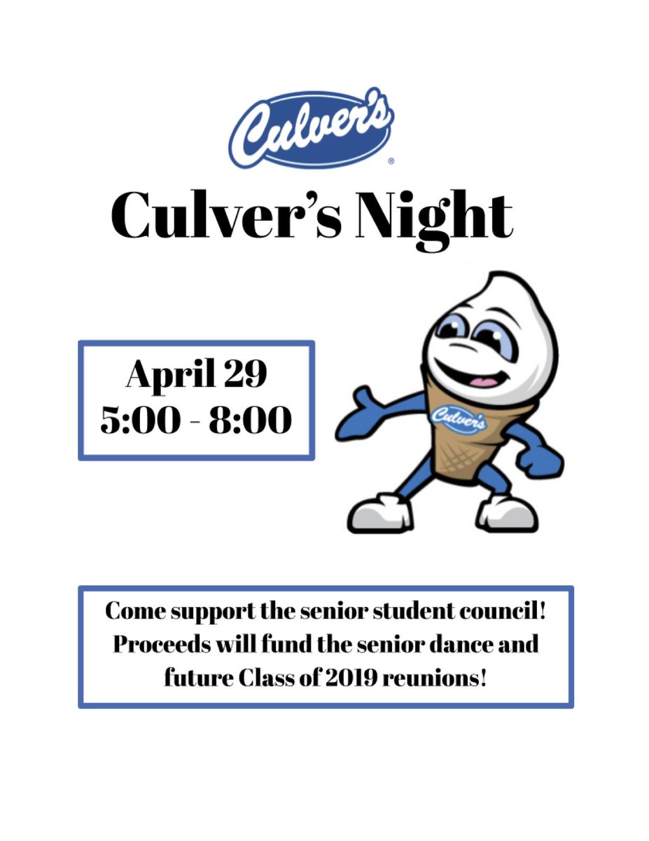 TerrignoMath's tweet photo. Come to Culver's tonight from 5-8 and help support the Class of 2019!! @JTown2019 https://t.co/N0VTRPUZon