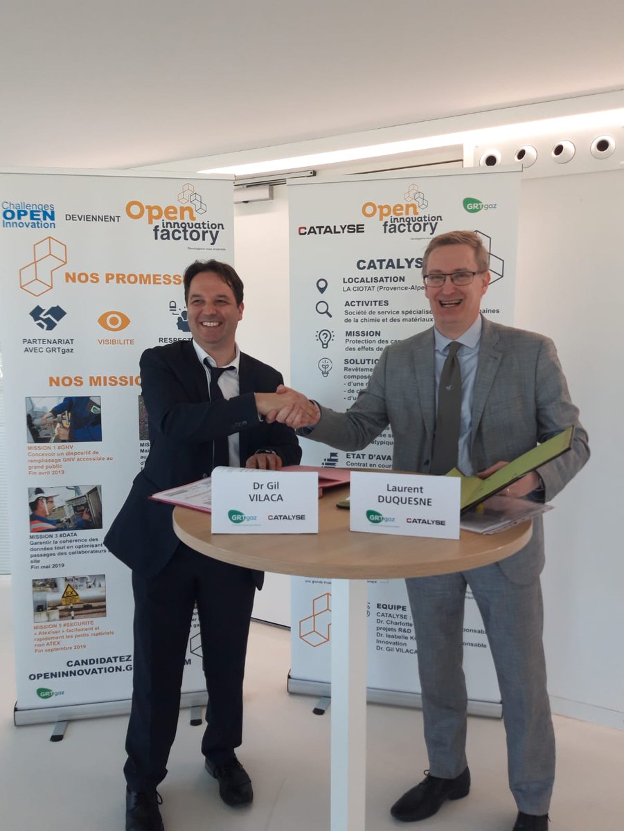 #GRTgaz et #CATALYSE - lauréat 2018 de l' #OpenInnovationFactory - viennent de signer leur 1er contrat à @thecampProvence pour maximiser l'injection d' #hydrogène dans les réseaux et accompagner le développement de la filière française ! Plus d'info : bit.ly/2vsWvsg