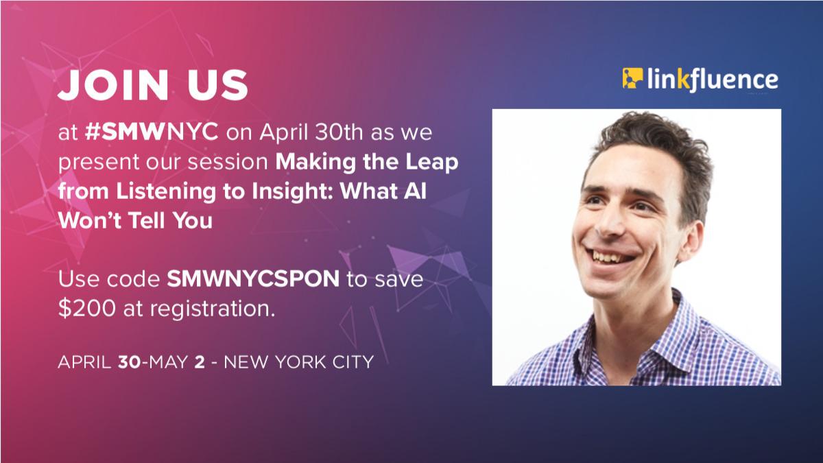 benjaminduvall's tweet photo. Check us out next week at Social Media Week NYC to learn how Social Intelligence is pushing the capabilities of AI for insight, and how and when human expertise needs to go the last mile. #smwnyc #sociallistening #consumerinsights 

https://t.co/odiCReajWN https://t.co/7pkyTcVQF1