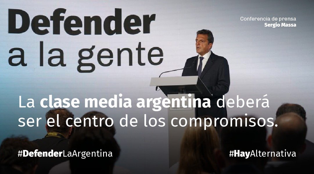 SergioMassa's tweet photo. Tenemos que 𝗱𝗲𝗳𝗲𝗻𝗱𝗲𝗿 a la 𝗰𝗹𝗮𝘀𝗲 𝗺𝗲𝗱𝗶𝗮. Defenderla para que pueda organizarse y pensar a mediano y largo plazo. Defenderla con políticas públicas para que en la Argentina de los próximos 10 años no sea variable de ajuste.

#HayAlternativa👍🇦🇷
#DefenderLaArgentina https://t.co/qbhJiM8BzC