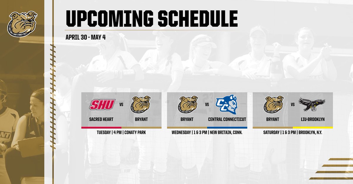 BryantSoftball's tweet photo. This week is full of make up games and the end of the 2019 season is quickly approaching 🤯. 

Make sure to mark your calendar for our last three meetings of the regular season. 

#GoBryant https://t.co/ccmDgRvFw1