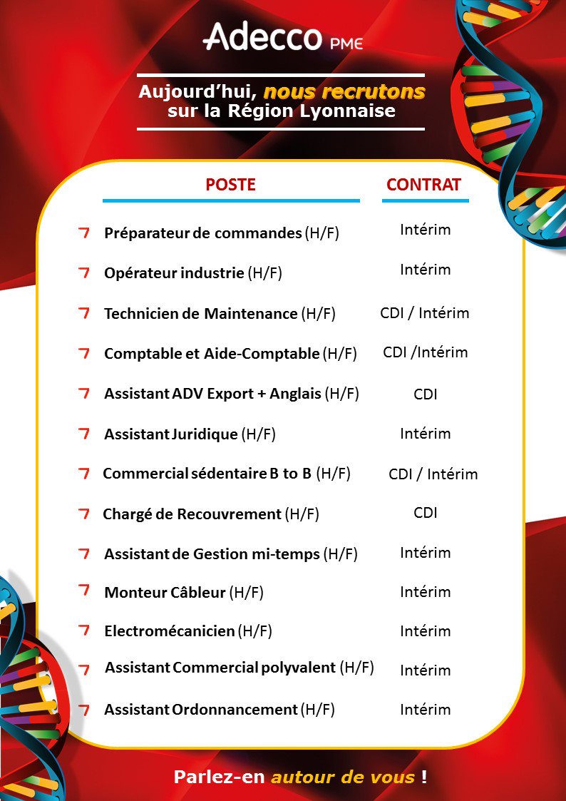 Envie de changement ? 
#AdeccoPME recrute divers profils sur la Région Lyonnaise ! 
N'attendez plus et faites nous parvenir votre candidature par mail à l'adresse suivante : agence.P64@adecco-pme.fr !
#recrutement #Lyon #emploi