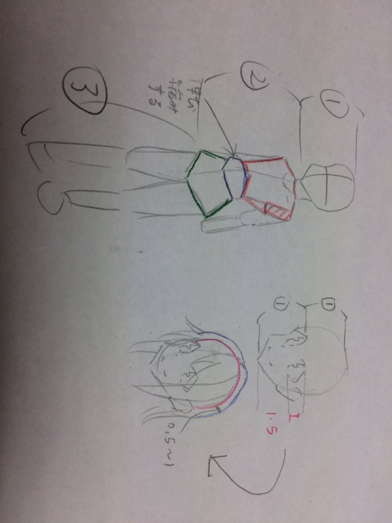 @gochiusa_mineta 体は胸腹腰の3パーツブロックで書けば十分
比率は萌え絵のだから参考程度に
髪の毛は輪郭かいて上に浮かして乗せる
つむじの位置決めてそこから流れに沿って生やす
頭のラインと髪の毛のラインは一致してないものと理解
頭でかくなるのは萌絵だと仕方ない
比率守っとけば不自然にはならないと思う 