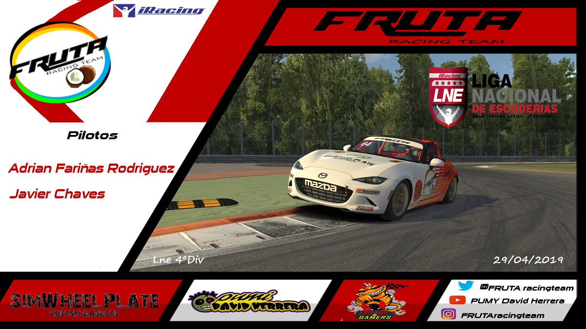 FRUTAracingteam's tweet image. Esta noche nuestros pilotos @Ir_overtake y @adcri2 nos representarán en la penúltima prueba de la  4º Div de la LNE de @Gtseri3s con el Mazda mx5 en Monza . 

¡ Suerte esta noche chicos !

Gracias a nuestros patrocinadores @SimWheelPlate @Pumyracing @FriendsGamer12 .