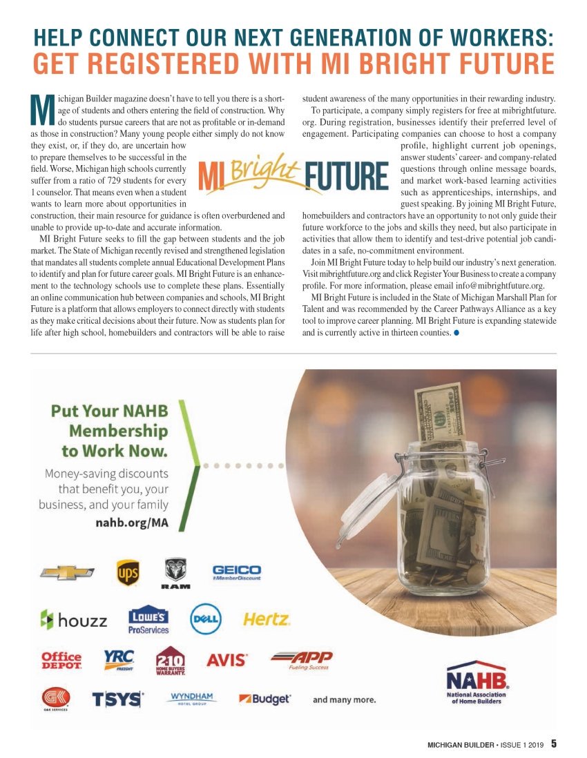 MIBrightFuture's tweet photo. Our #MondayMention this week is for @Mihomebuilders! Thank you for featuring how @MIBrightFuture connects students to the construction field using virtual discussion boards and work-based learning experiences. Check out MI Bright Future on page 5! https://t.co/l4HhfLYP0a https://t.co/gHQL0flzbZ