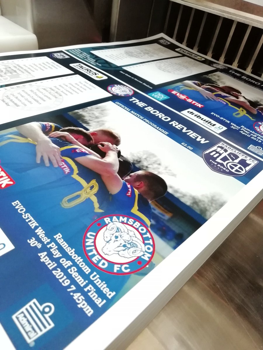 ThePrintRoom__'s tweet photo. Huuuuuuuuuge game tomorrow evening for @radcliffeboro vs @RamsbottomUtd at the Neuven Stadium. @evostikleague West Division Play Off at 7:45pm K.O.
Printed Match Programmes ready - C'mon Boro! ๐โฝ๏ธ
#matchprogrammes #sportsprogrammes #football #printing #booklets #Bolton https://t.co/4nwu2A7ZqQ