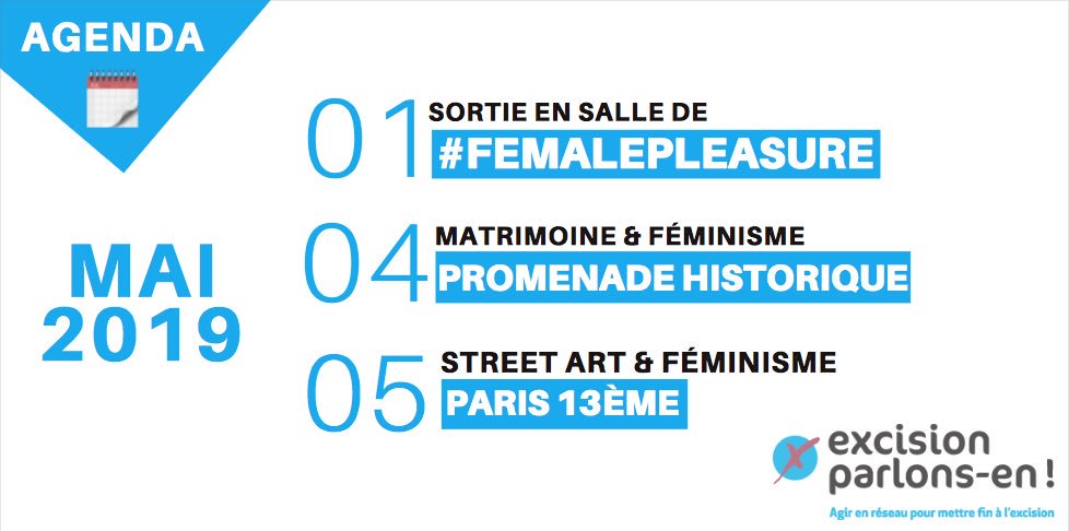 excisionparlons's tweet photo. Agenda de la semaine🗓
L'événement à venir cette semaine 
🔵01/05 ➡️ sortie en salle de #FEMALEPLEASURE 🔜 https://t.co/QTr09sgzGR
🔵04/05 ➡️ Matrimoine &amp; Féminisme : promenade historique 🔜https://t.co/5zSkmLhAfU
🔵05/05 ➡️ Street Art &amp; Féminisme 🔜 https://t.co/5zSkmLhAfU https://t.co/ZotovpXOIH