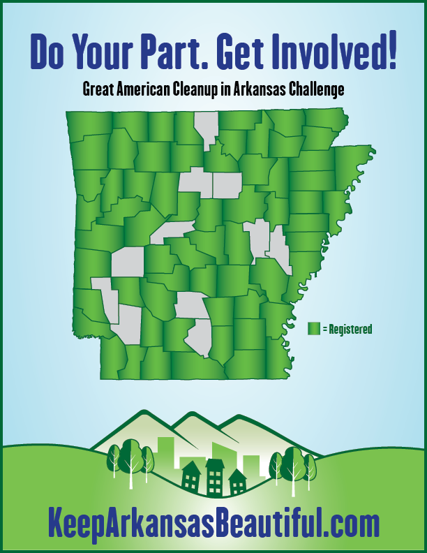 KeepARBeautiful's tweet photo. We're challenging every county in Arkansas to register a Great American Cleanup event with us this spring! If your county appears in gray, we don't have any registered events in your county yet. Registering an event is easy and free! Learn more: https://t.co/7auP6LvtKm https://t.co/fKvHJ553tR