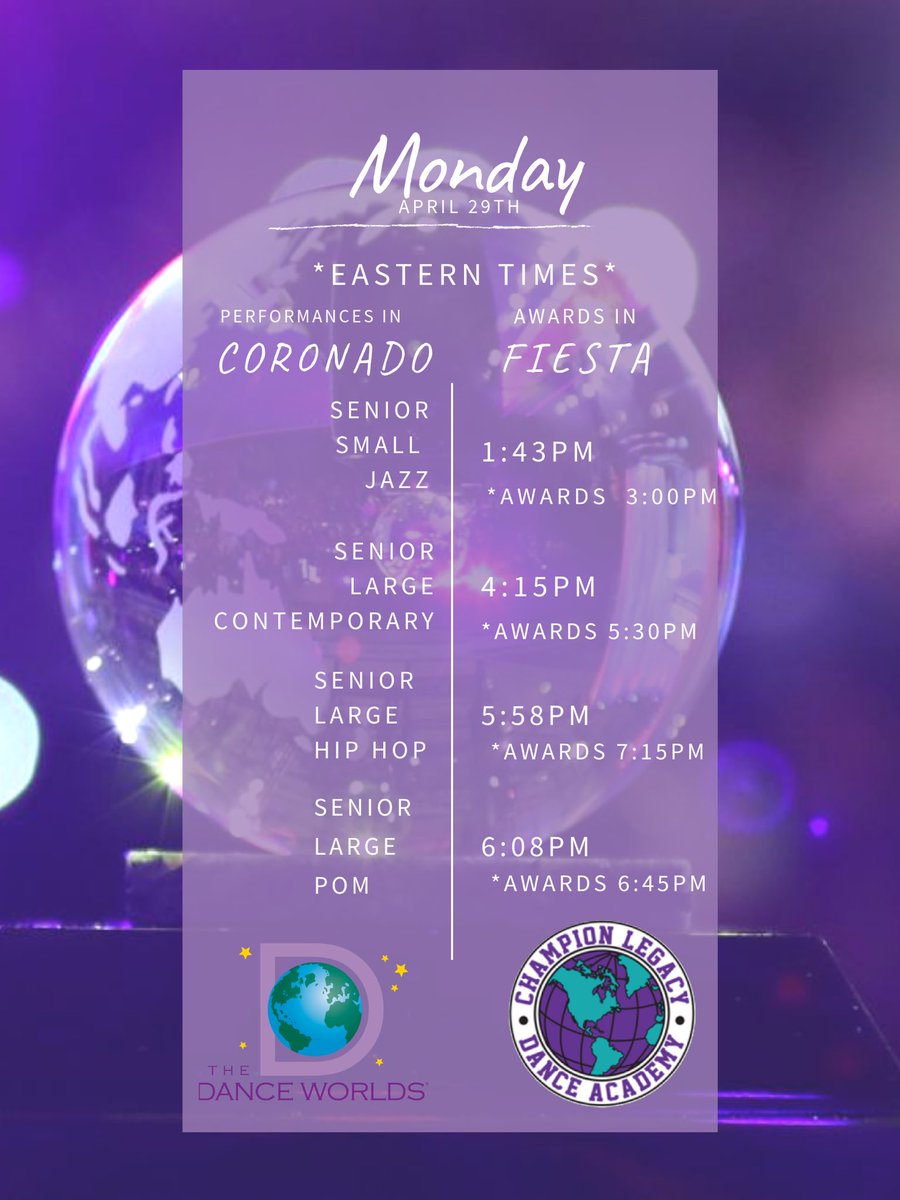 Our LAST day of Worlds 2019! Here is the schedule for today...LET’S GO! 🌎 **all performances in CORONADO &amp; all awards in FIESTA**
#danceworlds2019 #whatintheworlds2019