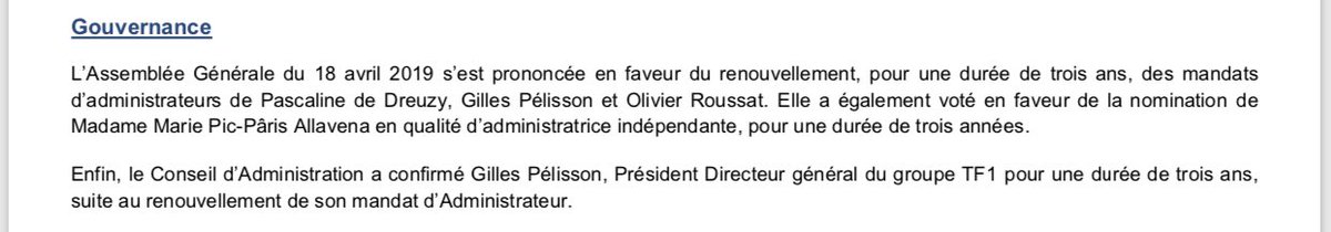 #TF1 : Le mandat de Gilles Pelisson renouvelé jusqu’en 2022. (CP)
#ResultatsFinanciers #T1