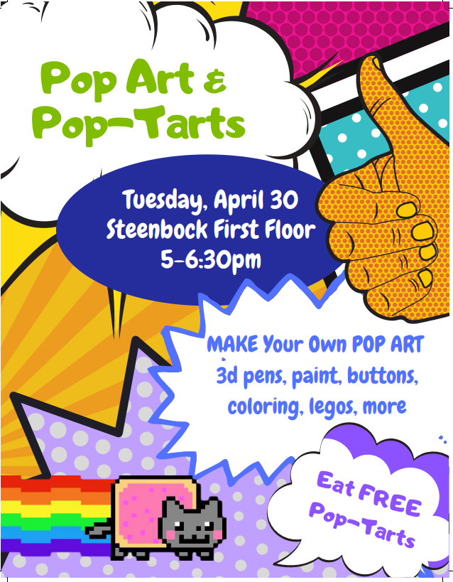 UWMadLibraries's tweet image. Take a short study break at Steenbock Library and enjoy some pop art creativity (including free Pop-Tarts!). Art supplies provided. library.wisc.edu/steenbock/2019…