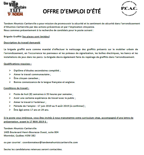 TandemAC's tweet photo. Nous sommes présentement à la recherche de candidats pour cet été. #ECC #Tandem #Ahuntsic #Cartierville #AhuntsicCartierville #emplois #étudiants https://t.co/dZhDYbl4mh