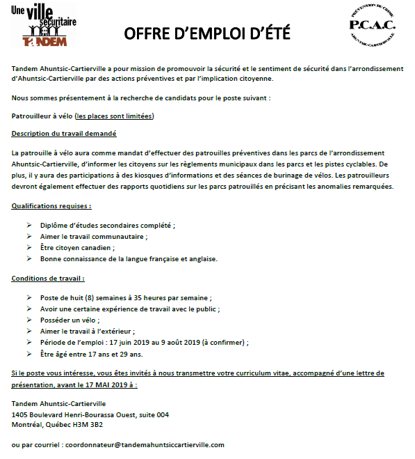 TandemAC's tweet photo. Nous sommes présentement à la recherche de candidats pour cet été. #ECC #Tandem #Ahuntsic #Cartierville #AhuntsicCartierville #emplois #étudiants https://t.co/dZhDYbl4mh