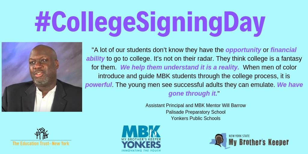 Educators know access to college opens doors to the future for students. "A lot of our students don’t know they have the opportunity... We help them understand it is a reality." <a href="/YonkersMBK/">MBK Yonkers</a> <a href="/YonkersSchools/">Yonkers Public Schools</a> <a href="/NYSMBK/">New York State MBK</a> <a href="/ReachHigher/">Reach Higher</a> #CollegeSigningDay #BetterMakeRoom